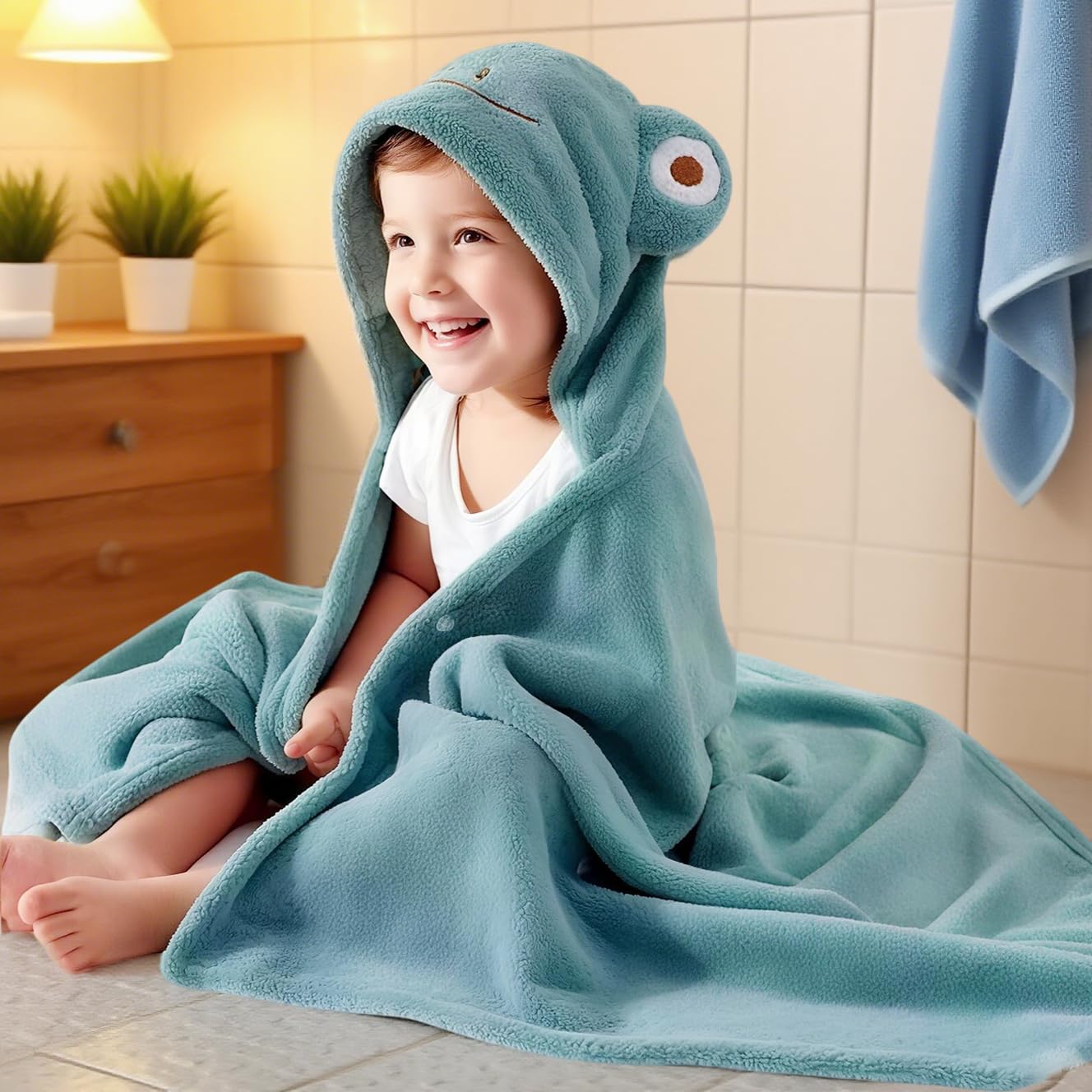 IFaryMes hooded towel care close-up shows machine wash and air dry steps