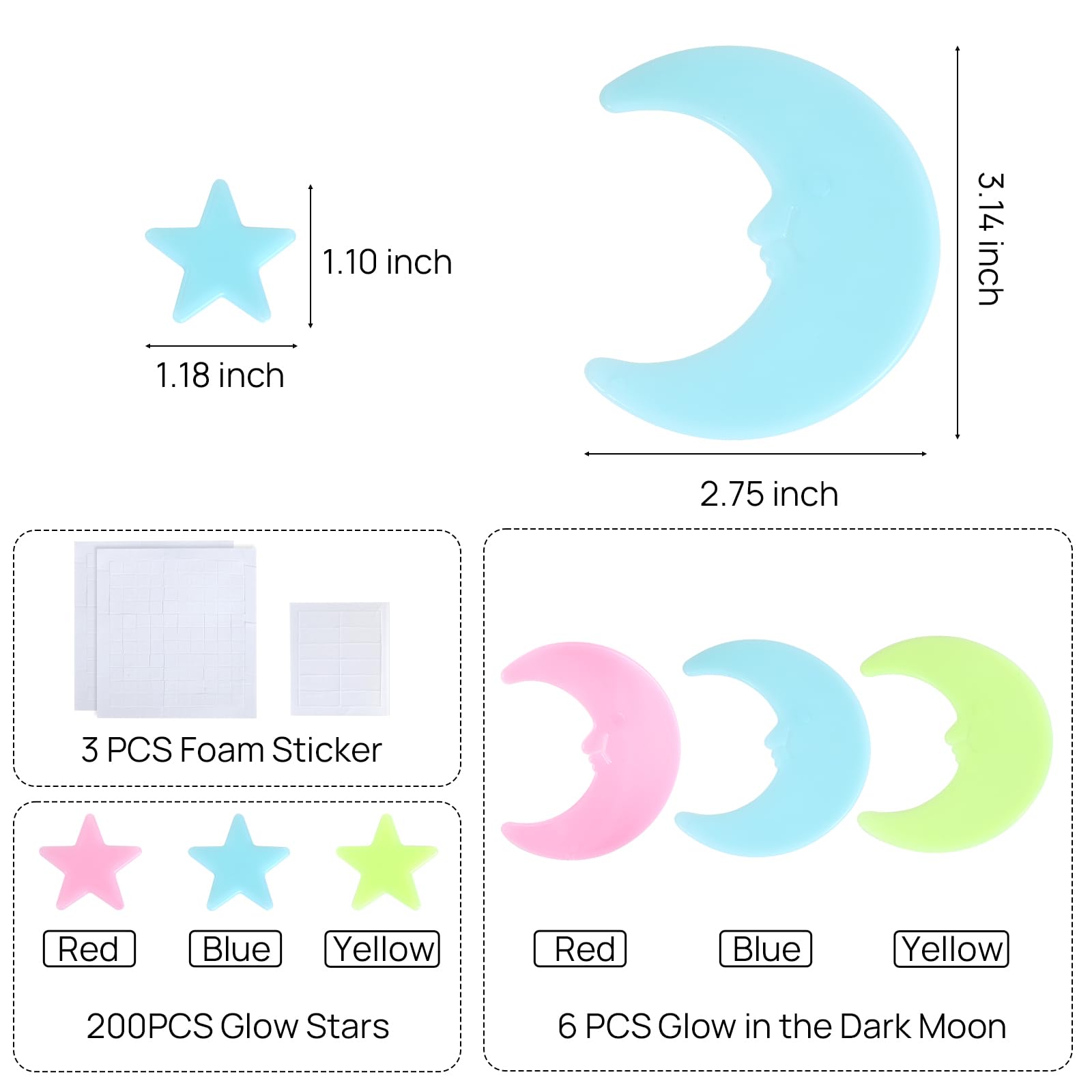 iFunLong glow in the dark stars with moons illuminate a dreamy ceiling scene.