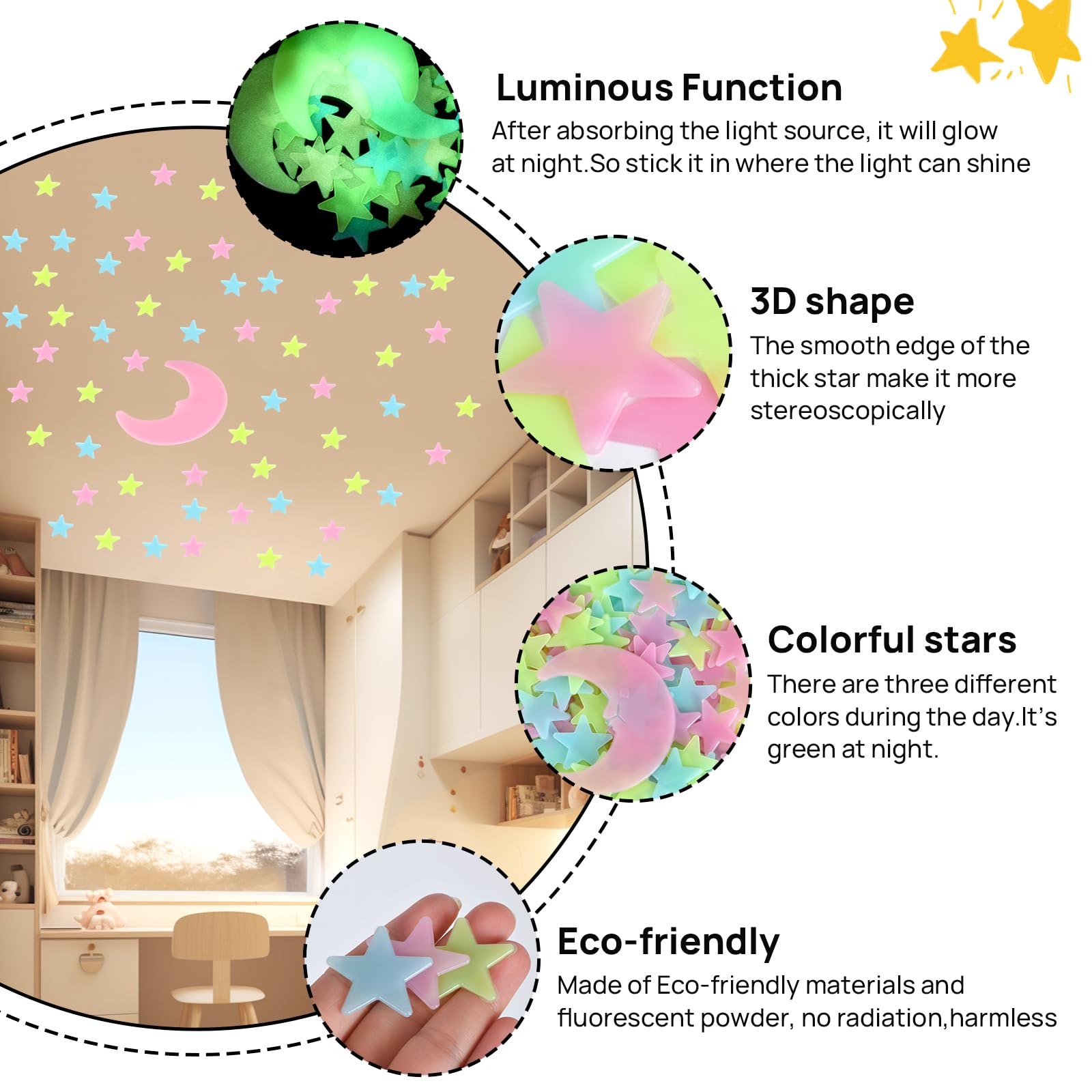 iFunLong glow-in-the-dark stars transform rooms into a twinkling night sky.