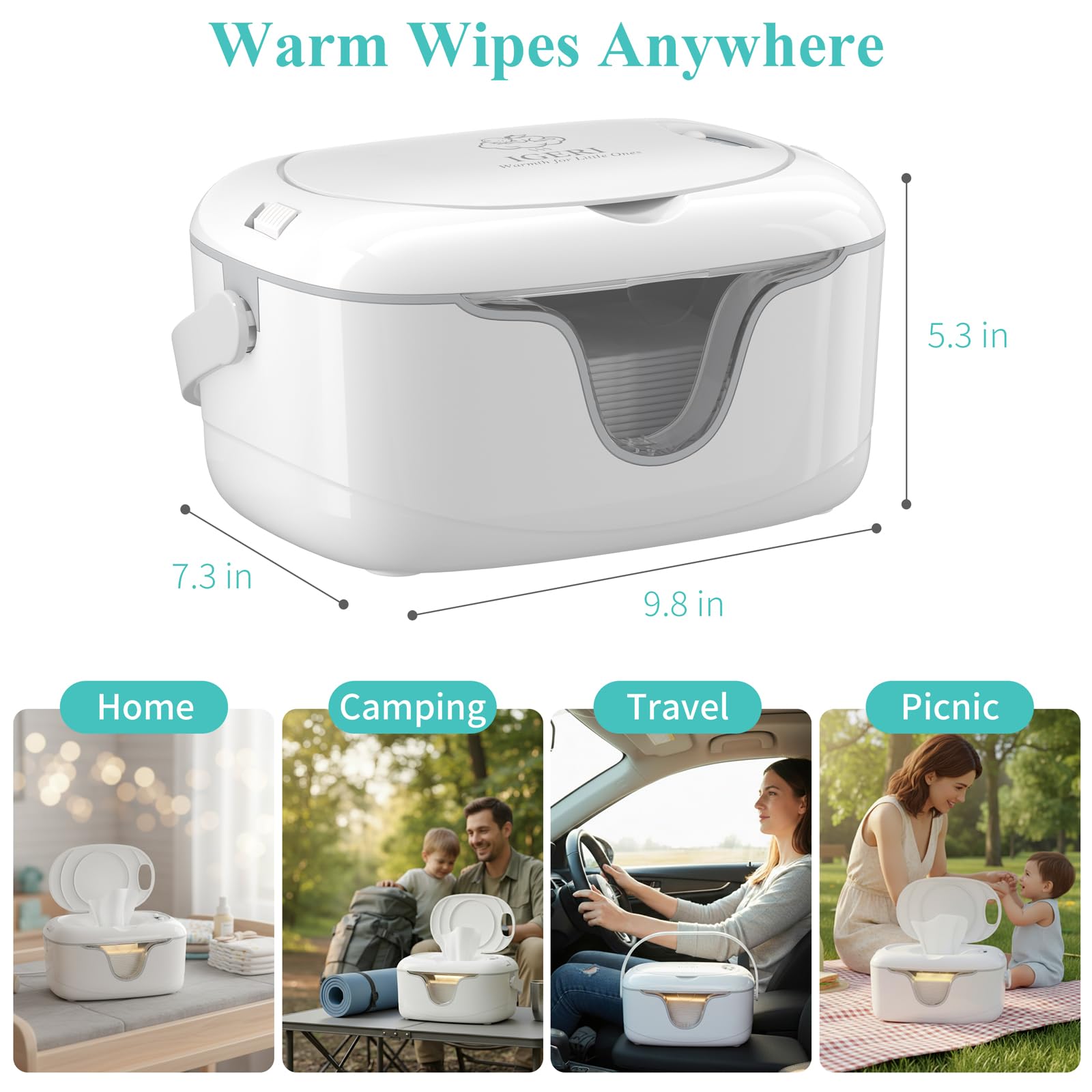 IGERI cordless battery operation lets you heat wipes away from outlets