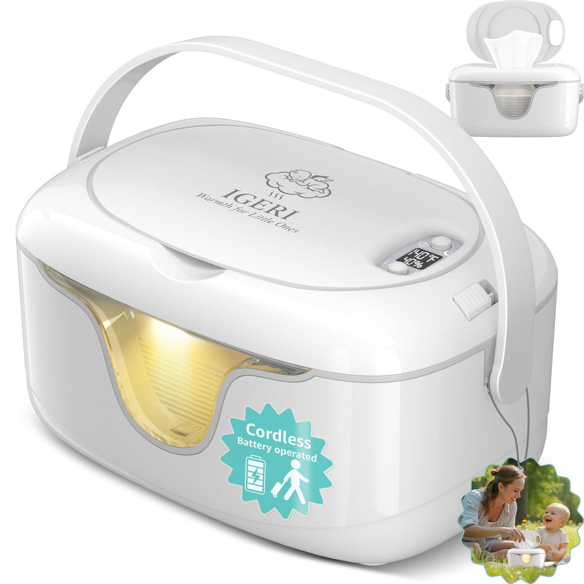 IGERI portable wipe warmer with carry handle for easy on-the-go diaper changes