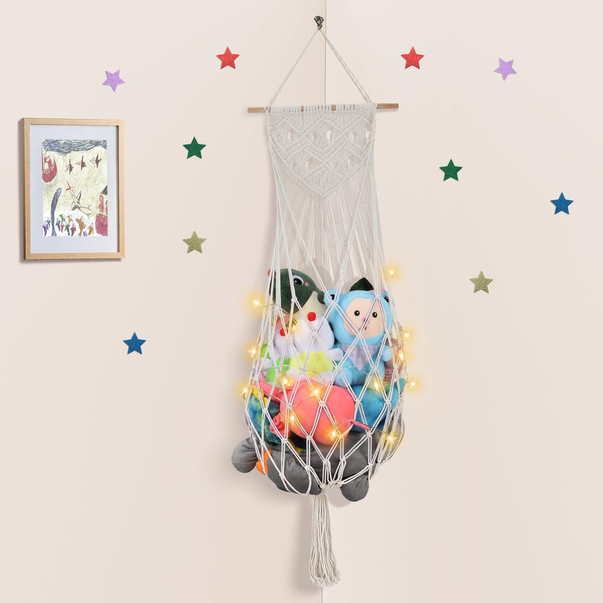 iHansee 63-inch cream stuffed animal hammock shows organized toy storage
