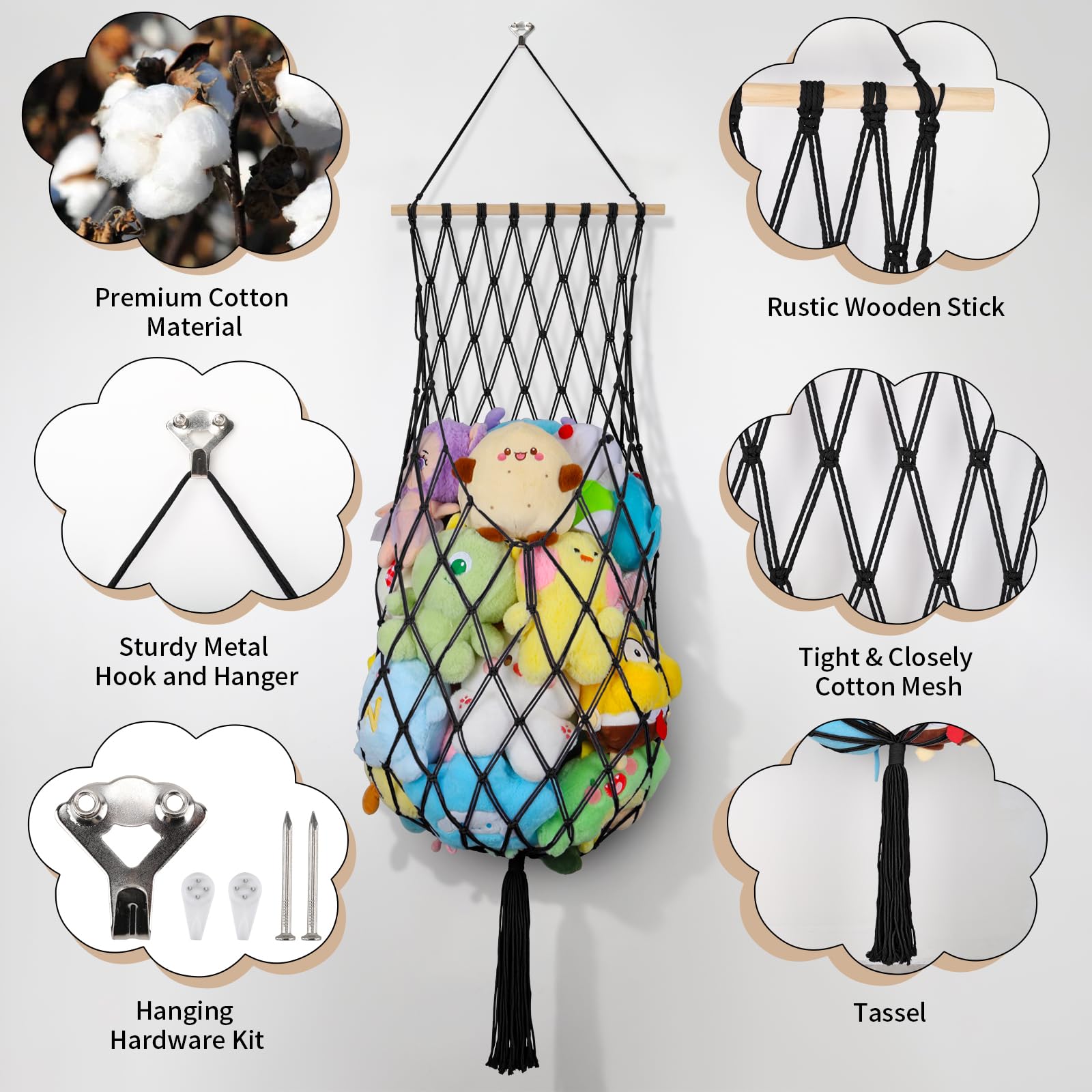 iHansee 68-inch macrame hammock holds plushies and more.
