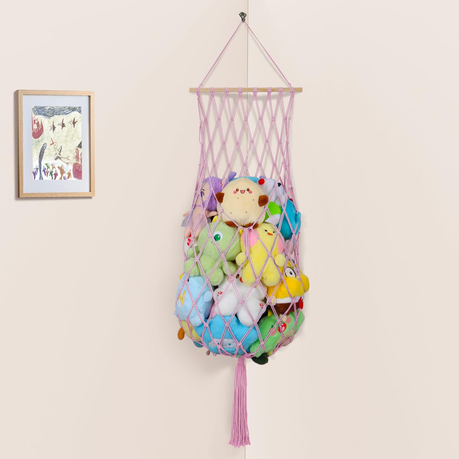 iHansee 68-inch stuffed animal hammock mounted on wall for space-saving organization.