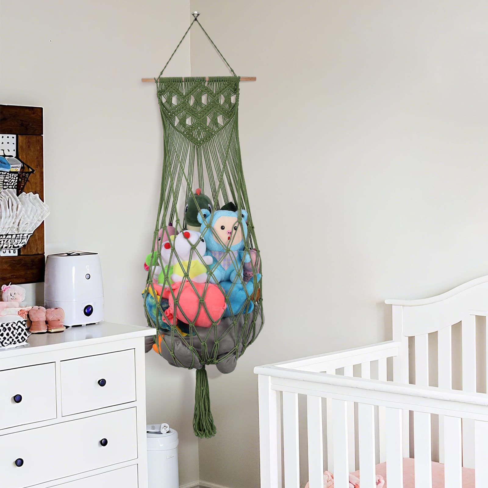 iHansee avocado-green net for stuffed animals highlights durable cotton rope and quick setup.