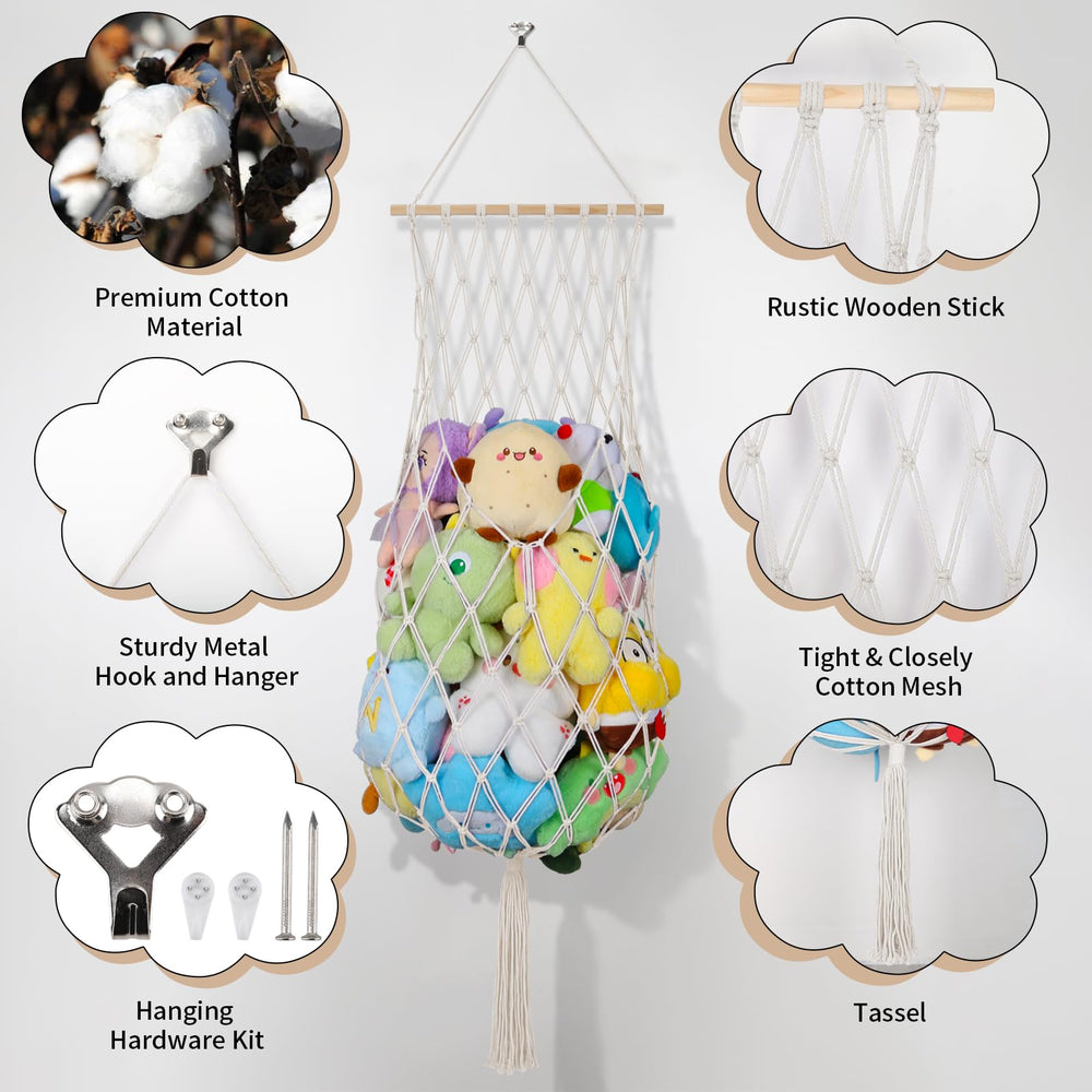 ihansee-beige-boho-stuffie-hammock-details emphasizes boho decor and large capacity.