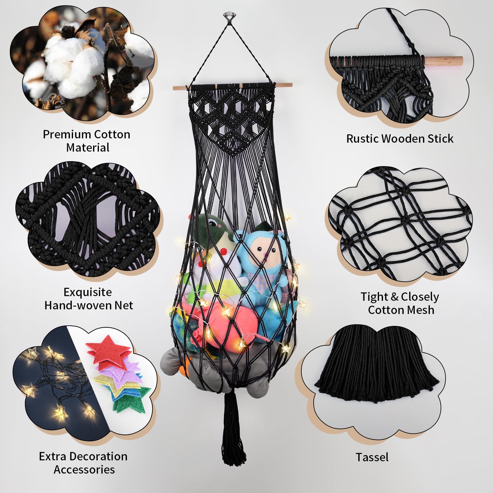 iHansee black plush toy net filled with plushes showcasing spacious storage