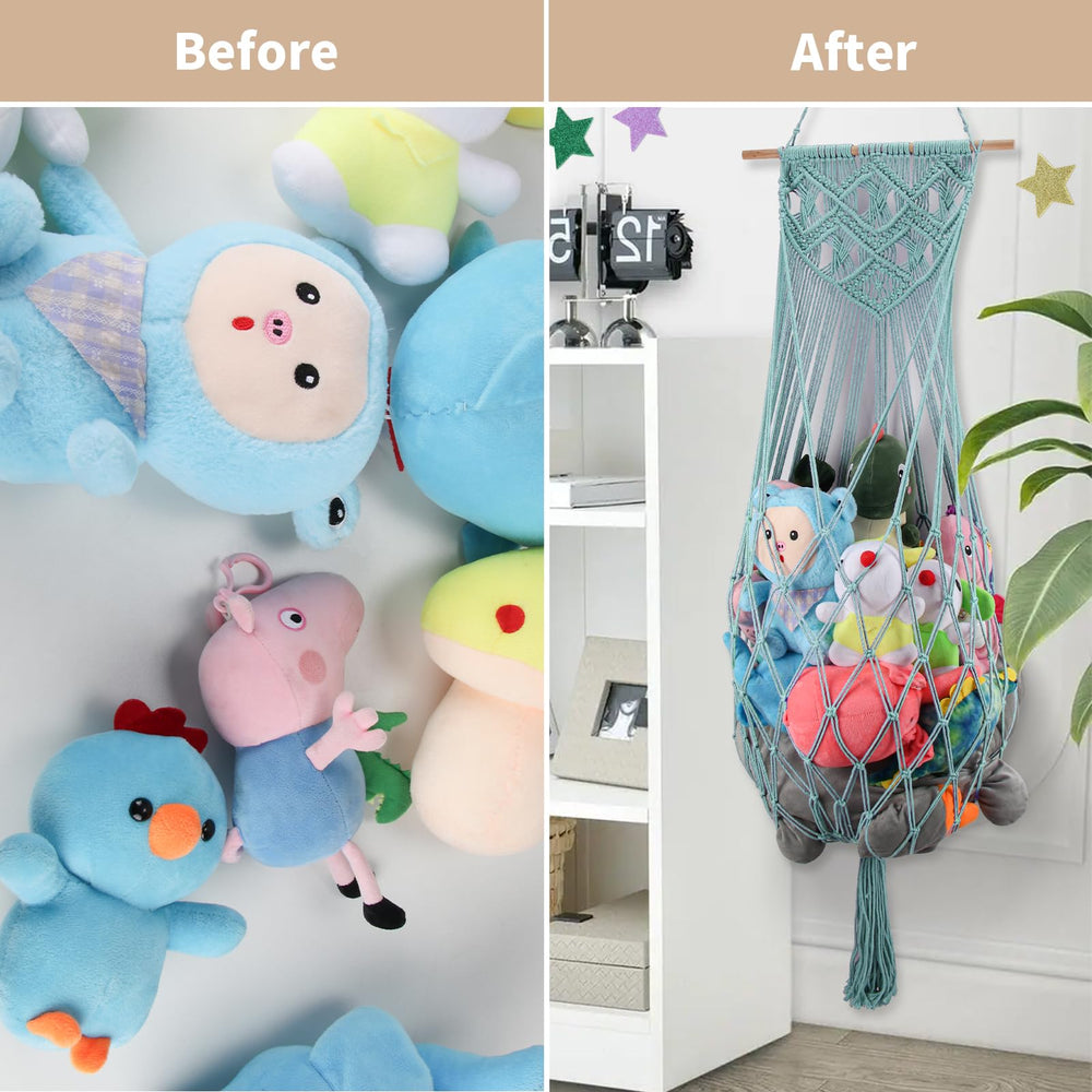 iHansee wall-hanging toy net highlights boho charm while reducing clutter.