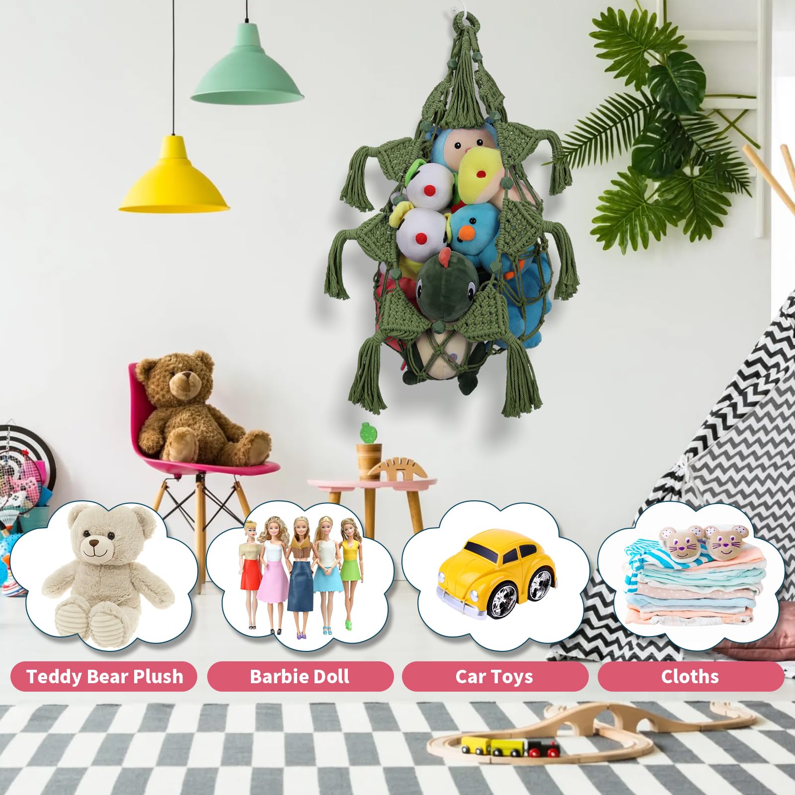 iHansee green toy hammock doubles as stylish nursery decor and organizer.