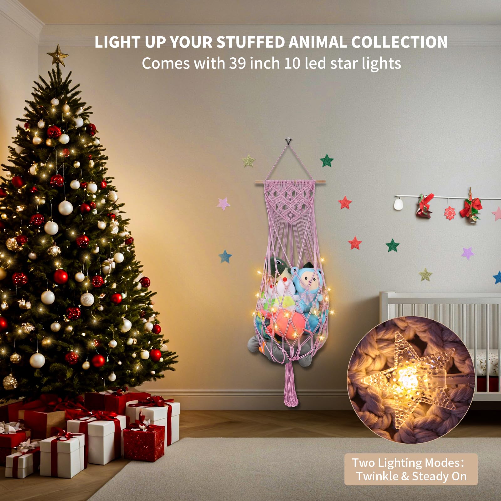 iHansee LED-light-edge-hammock softly illuminates a children's play corner.