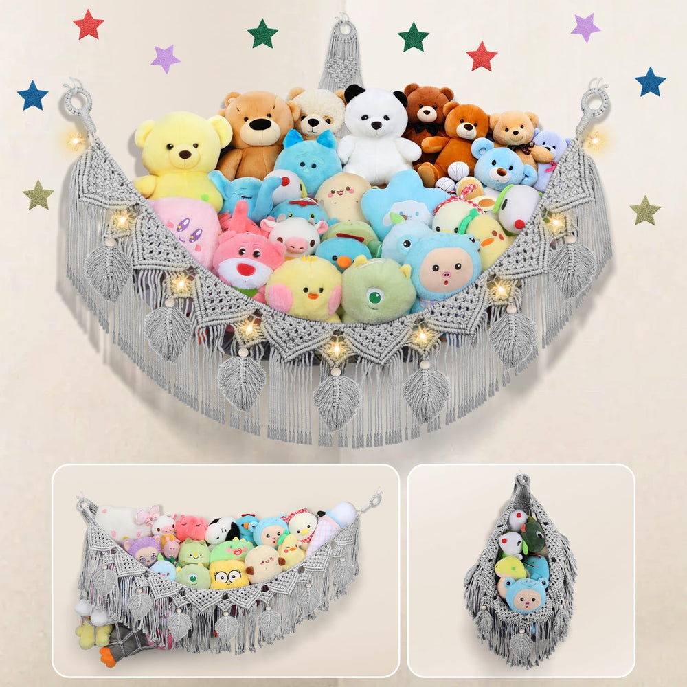 iHansee stuffed animal hammock corner in gray provides clutter-free play space