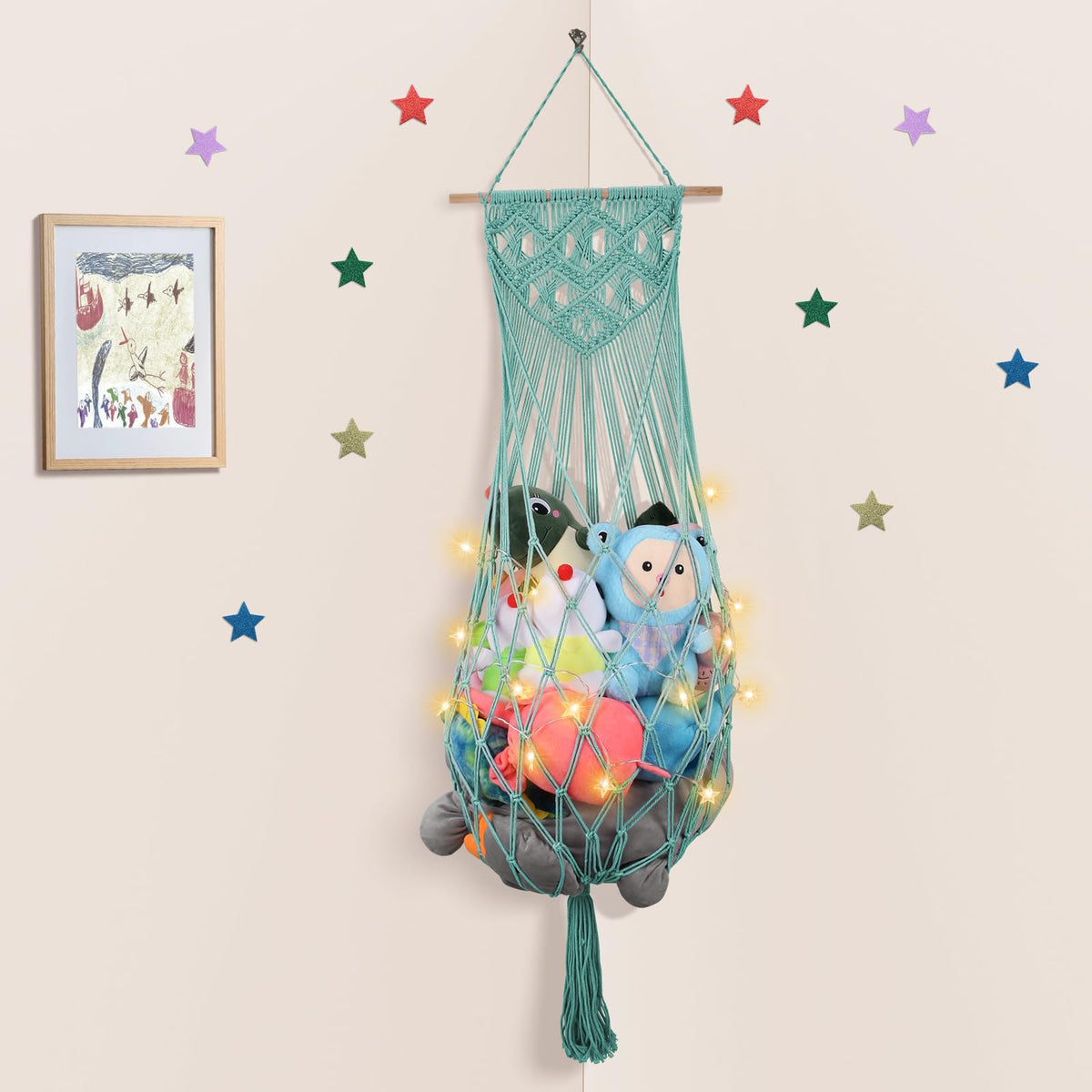 iHansee stuffed animal hammock in turquoise macrame wall net keeps plush toys neatly stored.