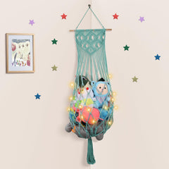 iHansee stuffed animal hammock in turquoise macrame wall net keeps plush toys neatly stored.
