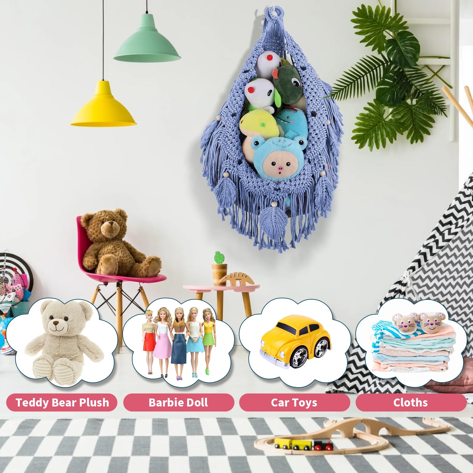 iHansee stuffed animal hammock organizes blankets and pillows beyond plushies.
