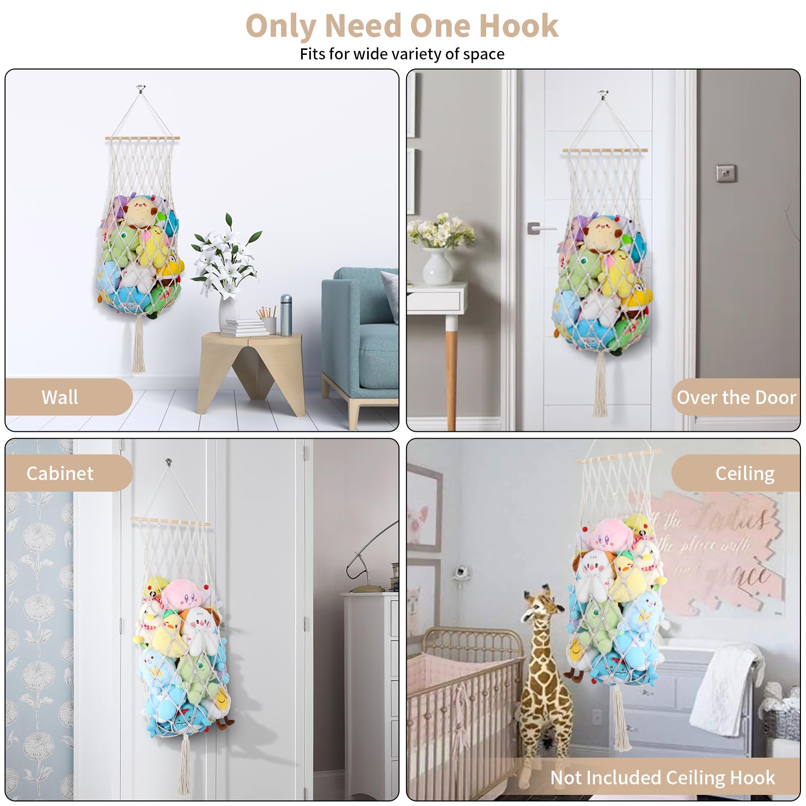 ihansee-stuffed-animal-hammock-ceiling-installation demonstrates easy ceiling mounting with single hook.