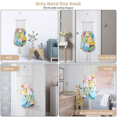ihansee-stuffed-animal-hammock-ceiling-installation demonstrates easy ceiling mounting with single hook.