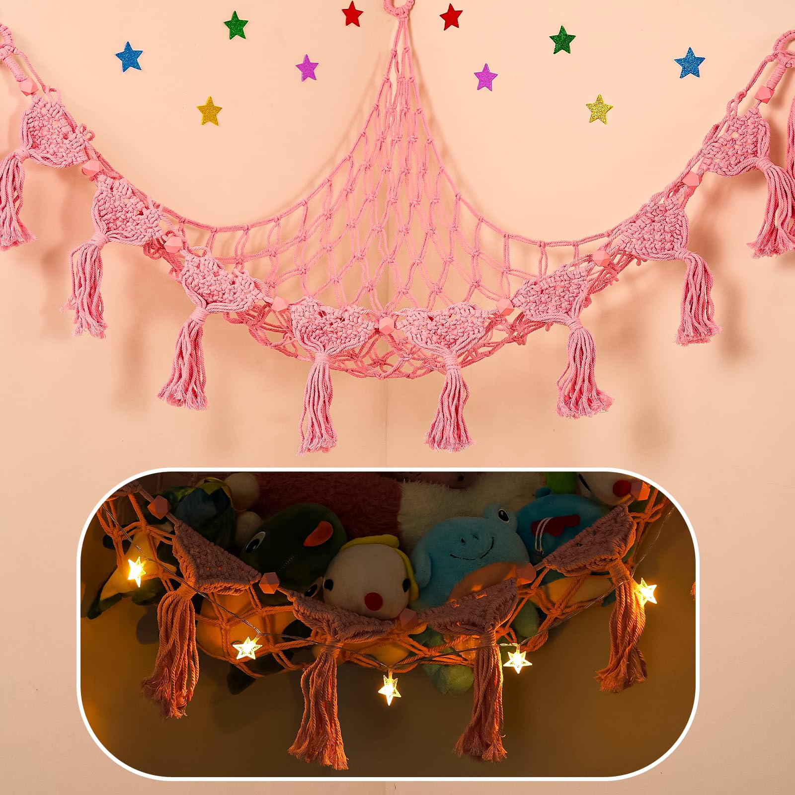 iHansee stuffed animal hammock corner in pink saves space and organizes toys.