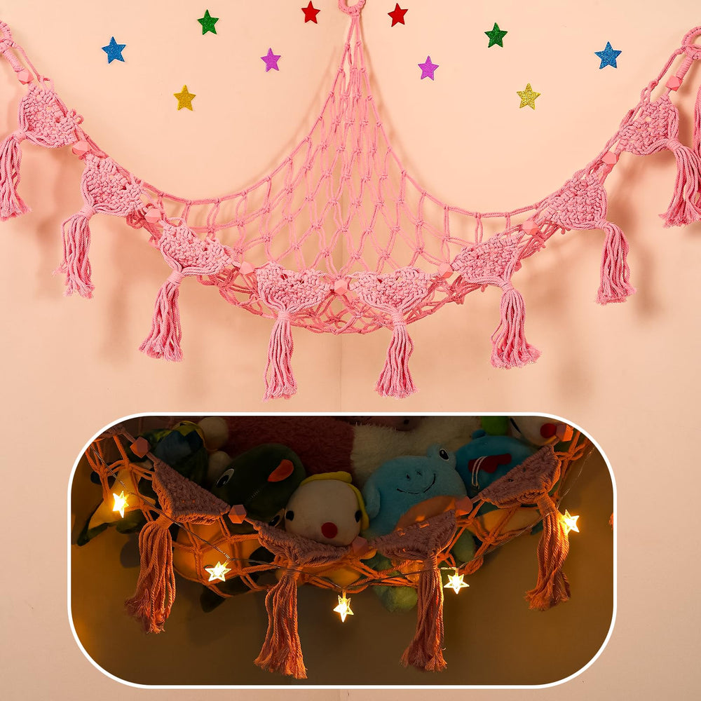 iHansee stuffed animal hammock corner in pink saves space and organizes toys.