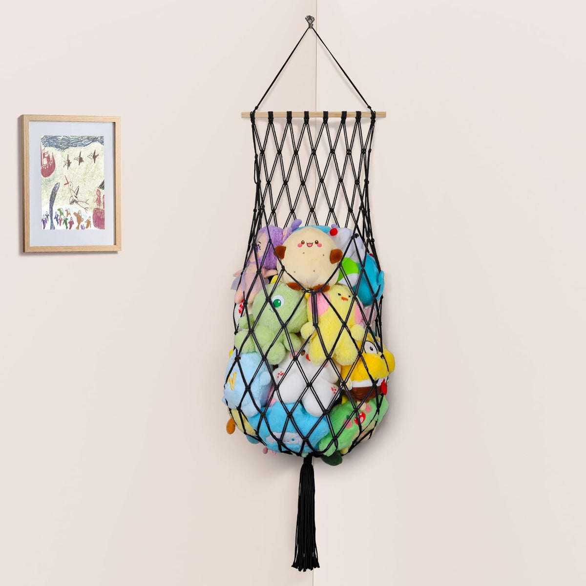 iHansee stuffed animal hammock corner setup keeps toys organized and accessible.