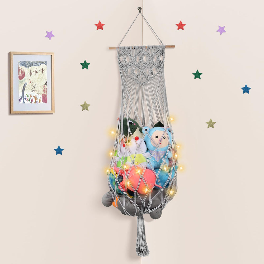 iHansee stuffed-animal-hammock with LED star light, showcasing spacious toy storage.