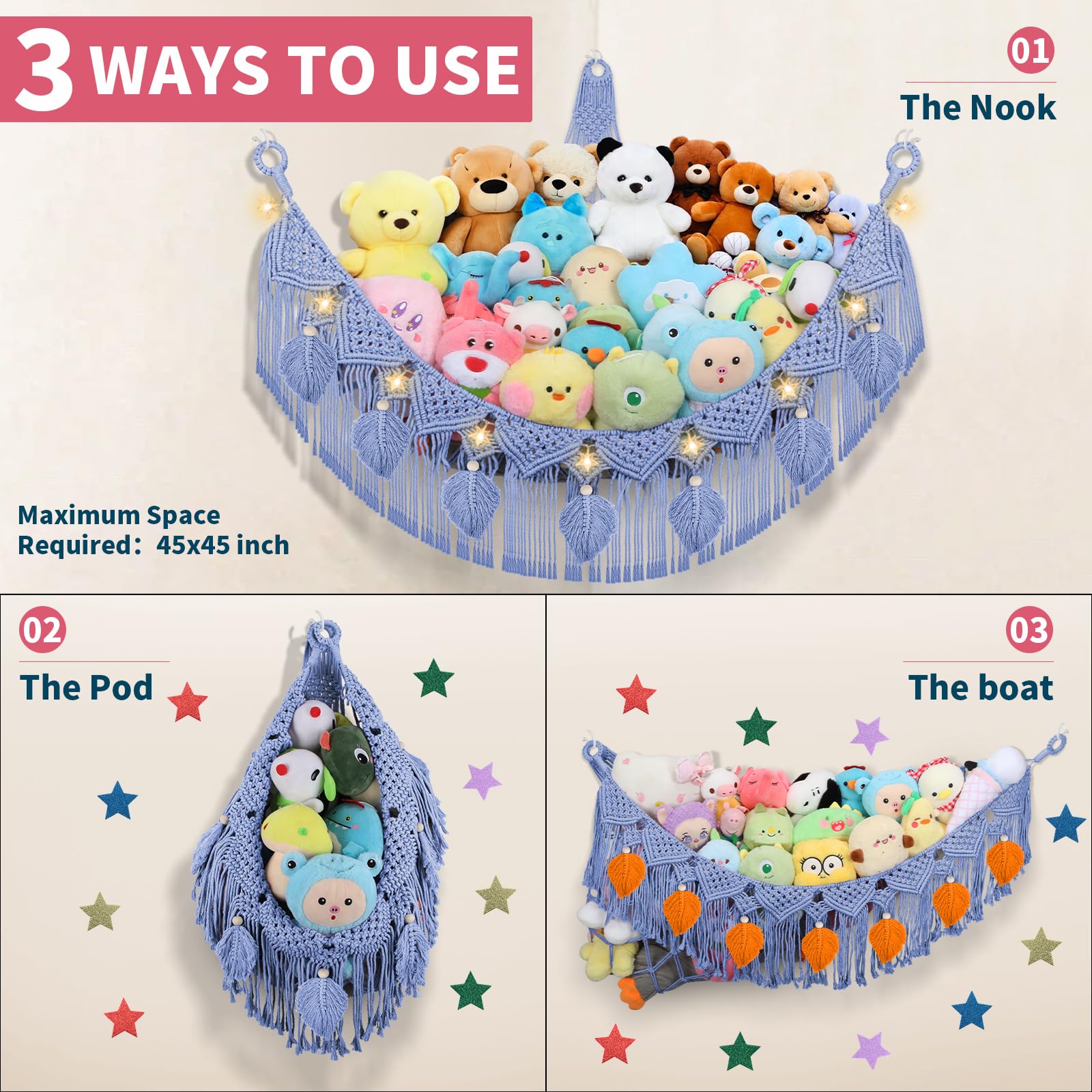 iHansee stuffed animal hammock wall pod delivers cozy wall-mounted storage.