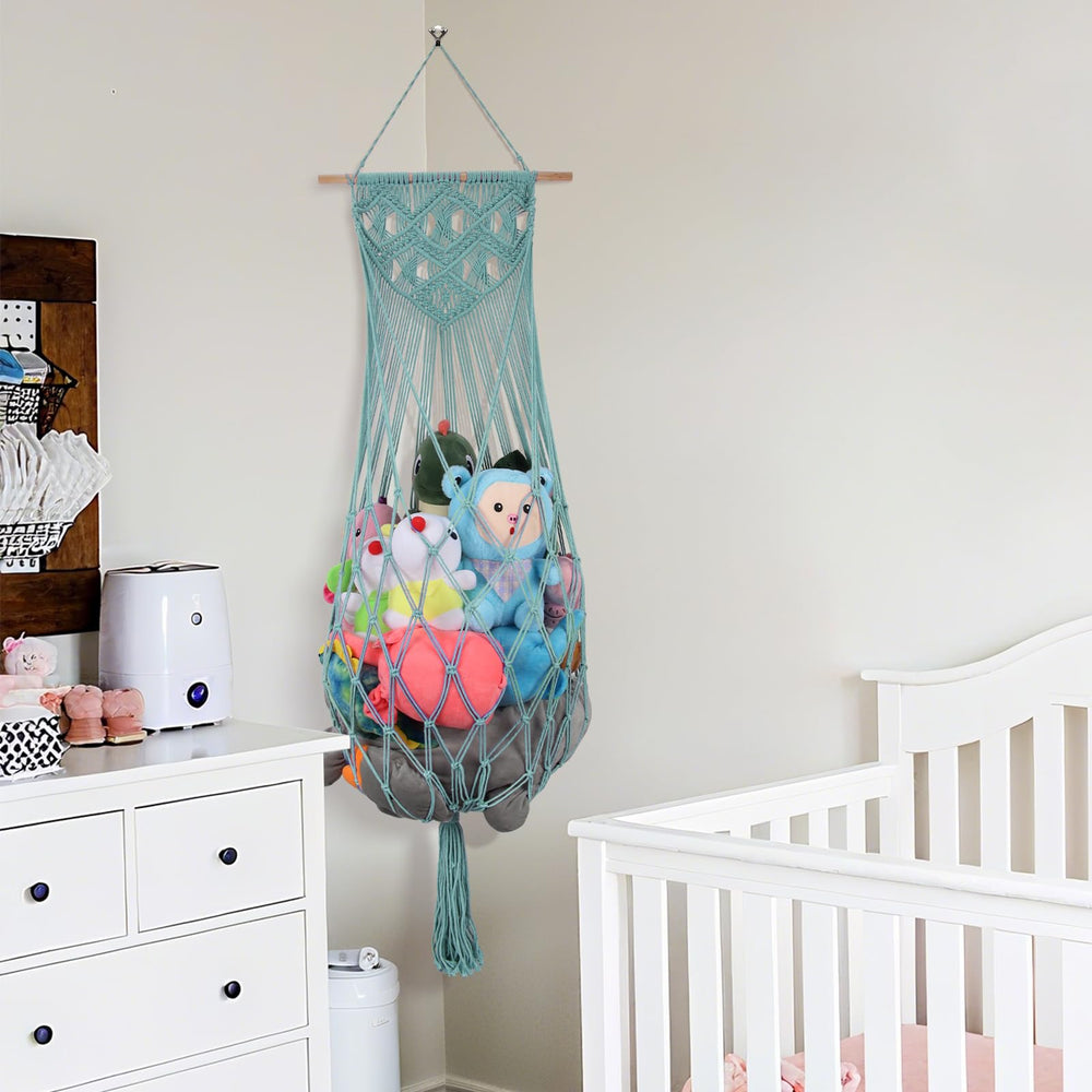 iHansee stuffed animal hammock with tassels adds boho decor while organizing toys.