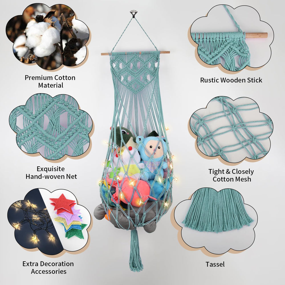iHansee stuffed animal hammock wall mount in turquoise for tidy nursery storage.
