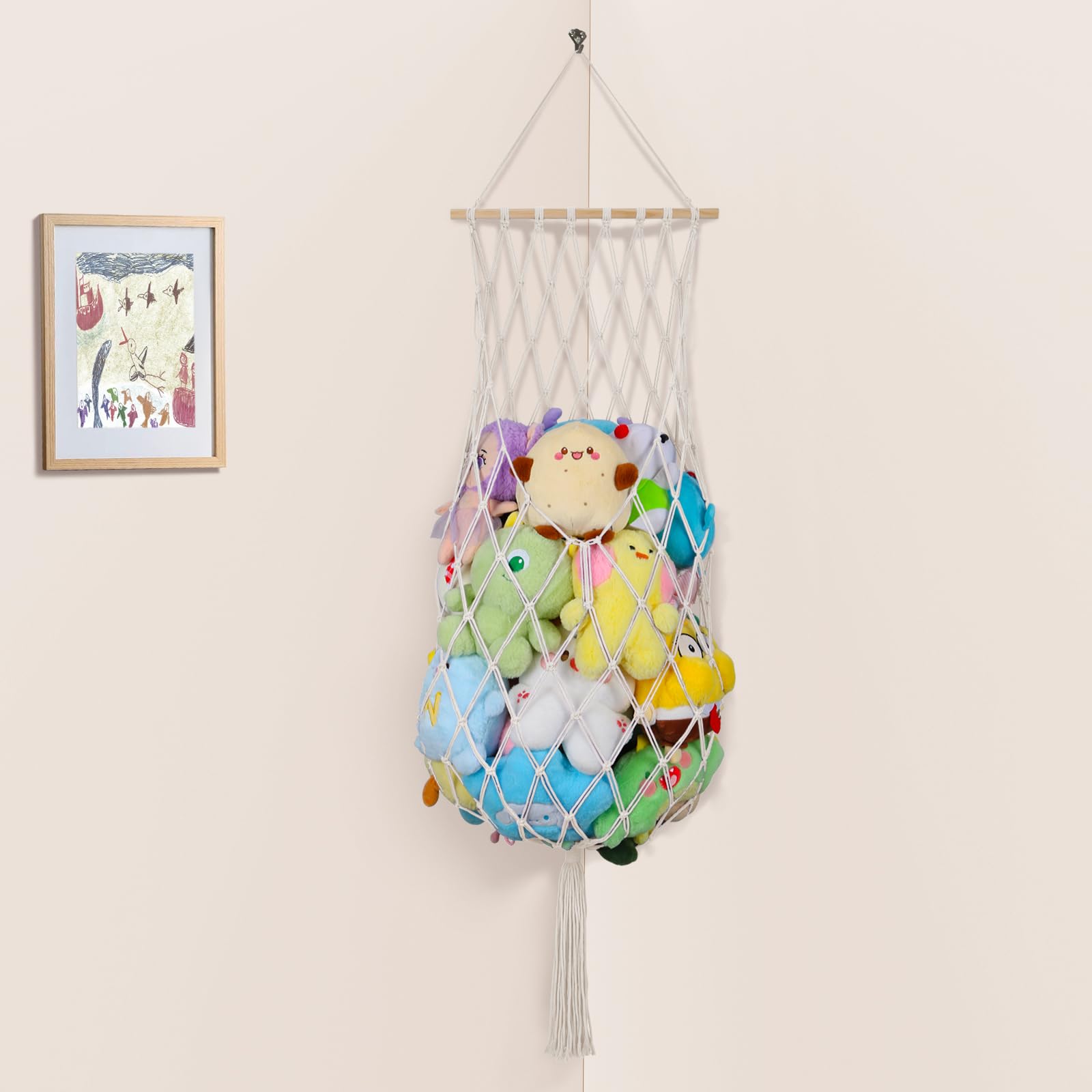 iHansee stuffed-animal-storage-net 68inch height highlights space-saving organization in a kid's room.