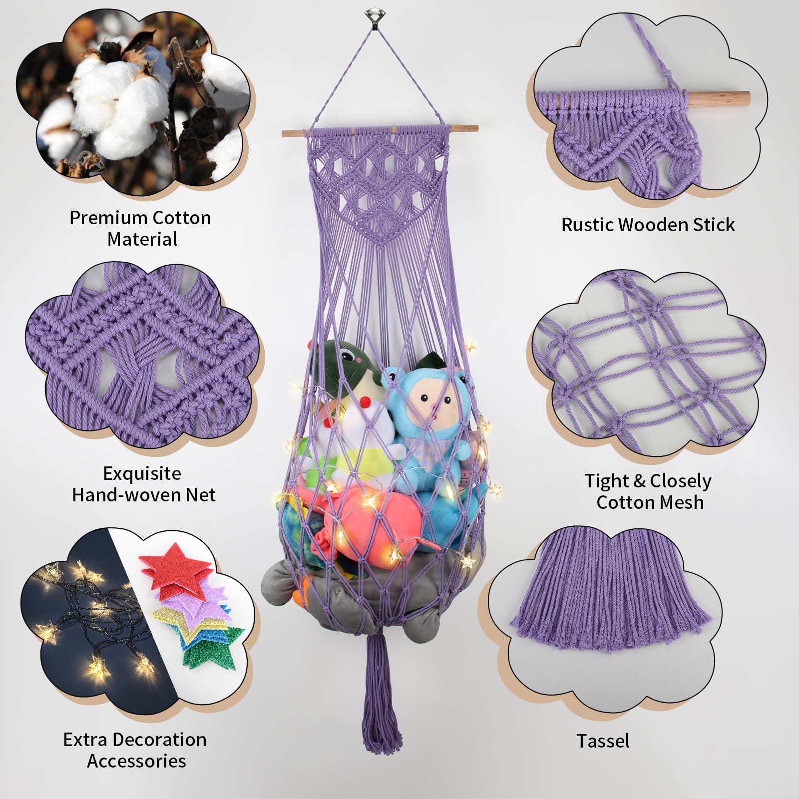 iHansee toy net detail shows boho tassels for decorative charm.