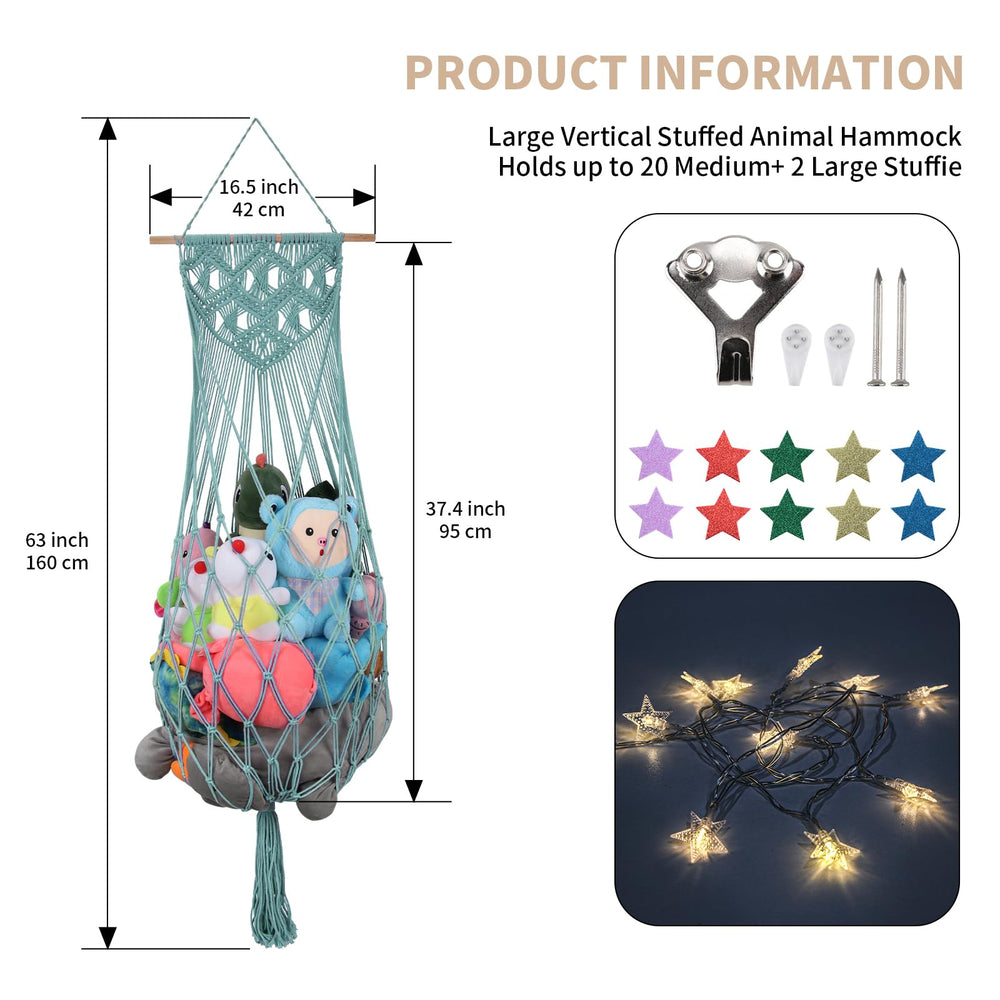 iHansee turquoise stuffed-animal storage hammock fits into small corners for space saving.