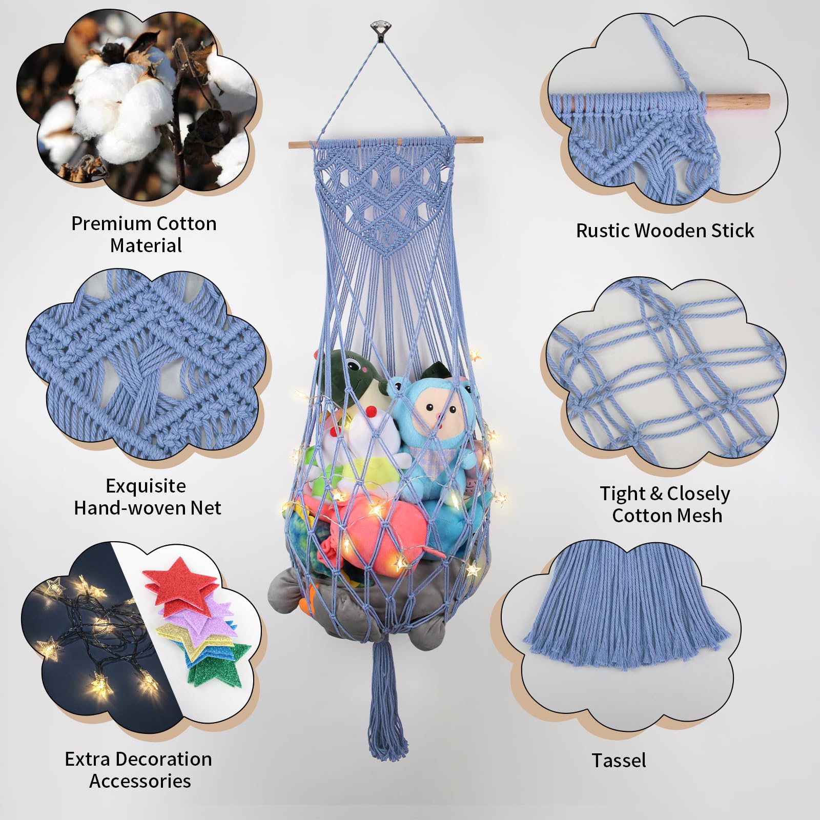 iHansee wall-mounted-toy-storage-hammock saves floor space in small bedrooms