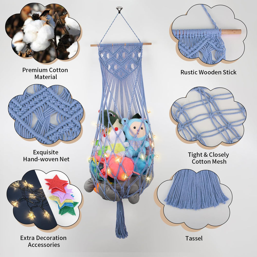iHansee wall-mounted-toy-storage-hammock saves floor space in small bedrooms