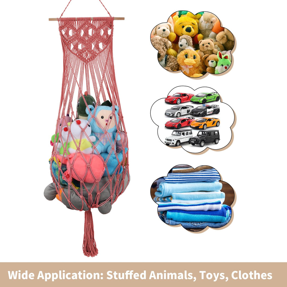 iHansee watermelon-red-stuffed-animal-storage-hammock-detail emphasizes organized toy storage