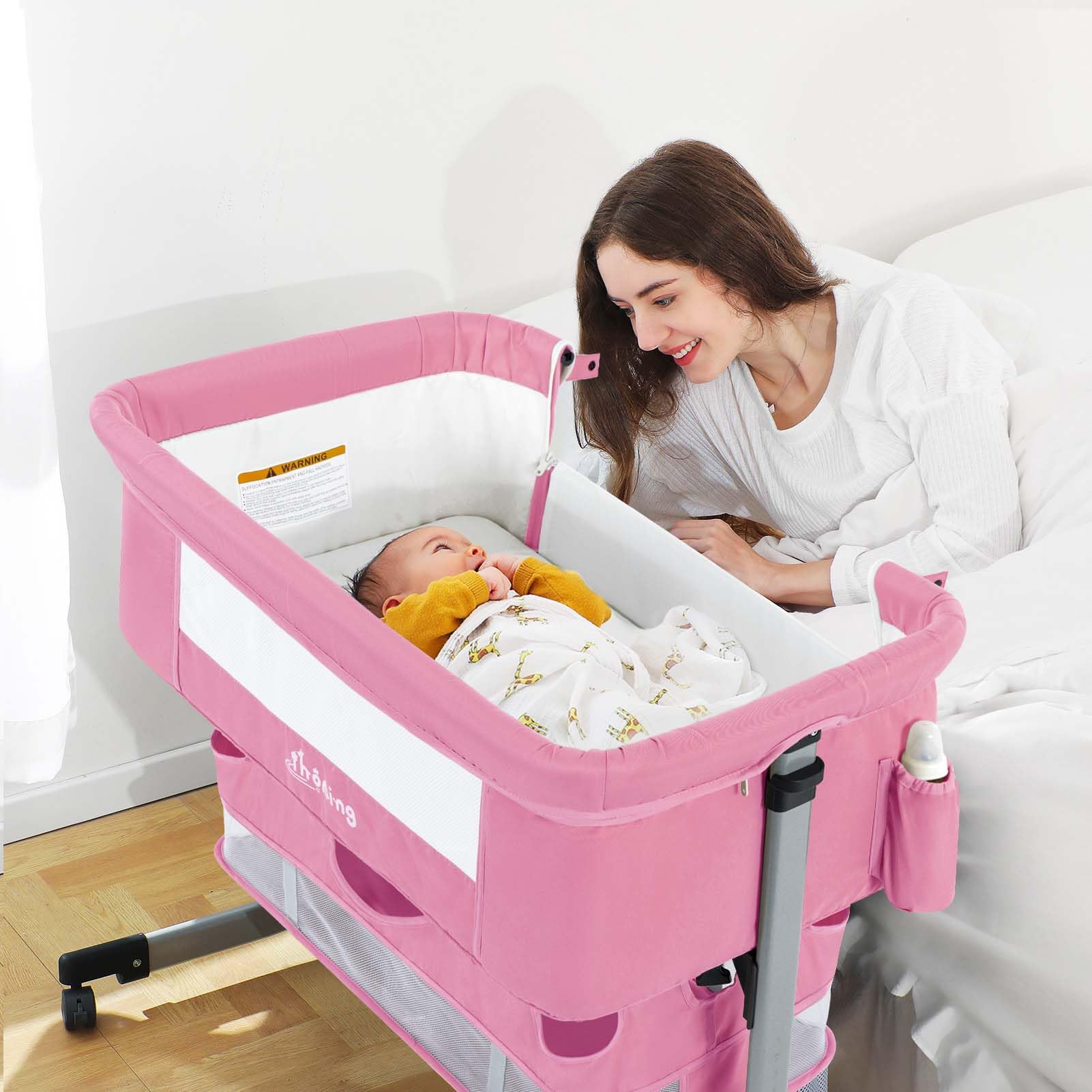 Ihoming baby bassinet bedside sleeper Pure Pink front view for easy on-bed positioning