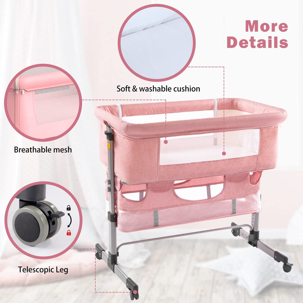 Ihoming pink bassinet color adds soft, cozy look to nursery.