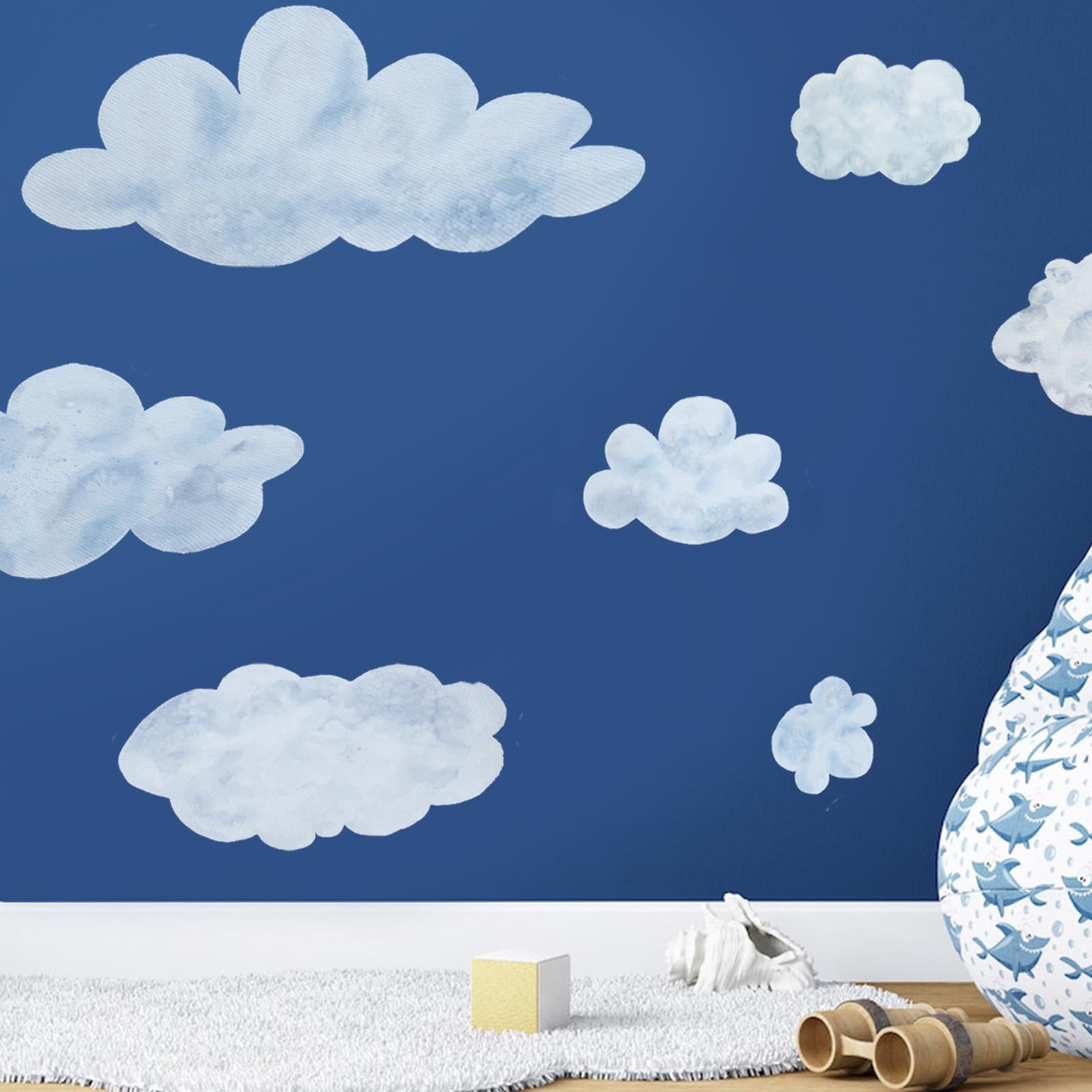 iinuu blue-white cloud wall decal set7-2 creates playful playroom ambiance with easy re-positioning