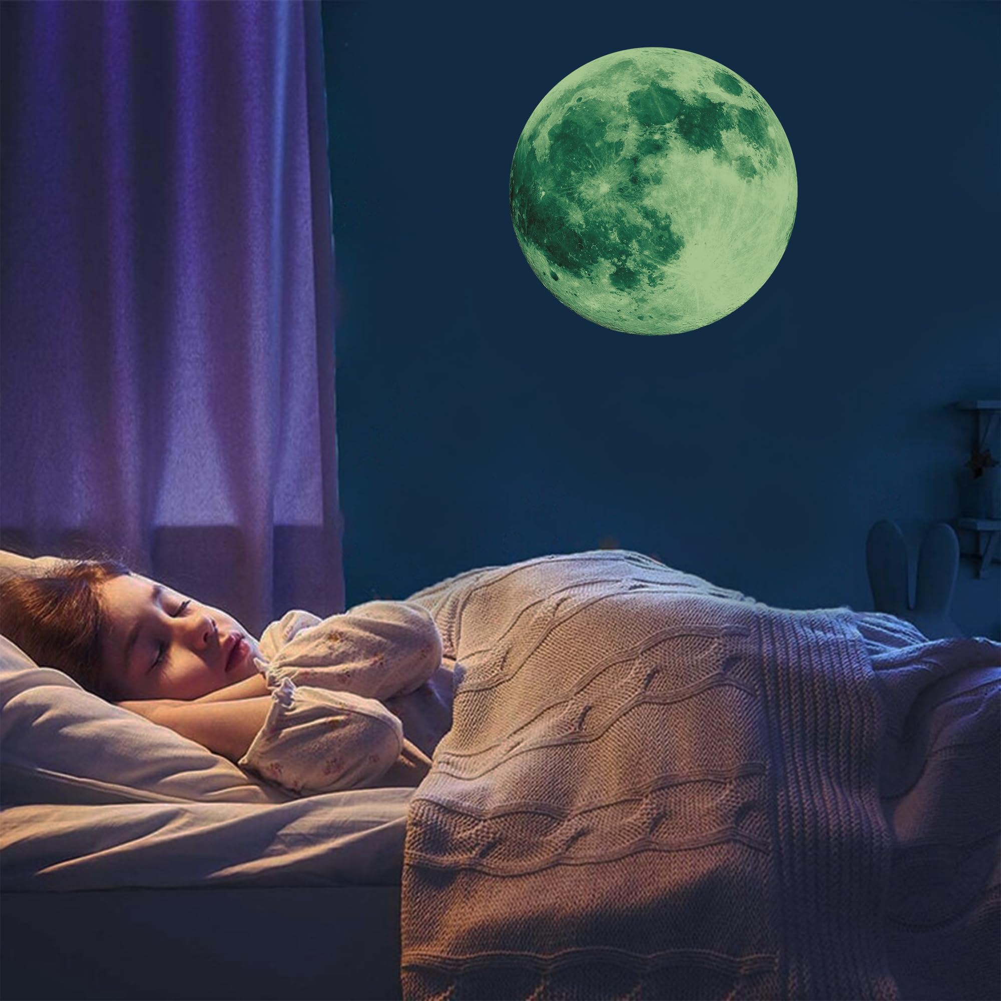 iinuu glow-in-the-dark moon wall decal green closeup glow captures vibrant nighttime glow for bedrooms.