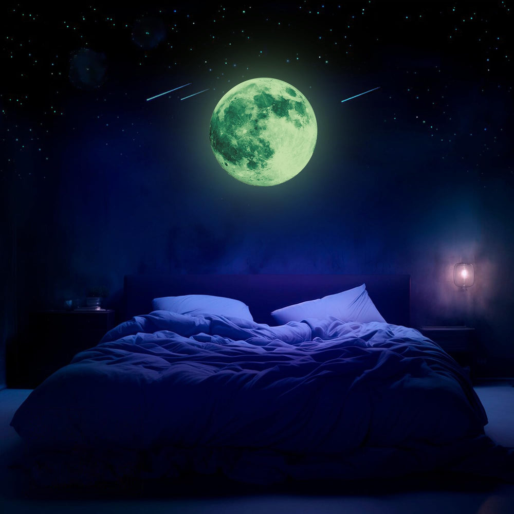iinuu glow-in-the-dark moon wall decal green peel-stick demonstrates easy peel-and-stick application.