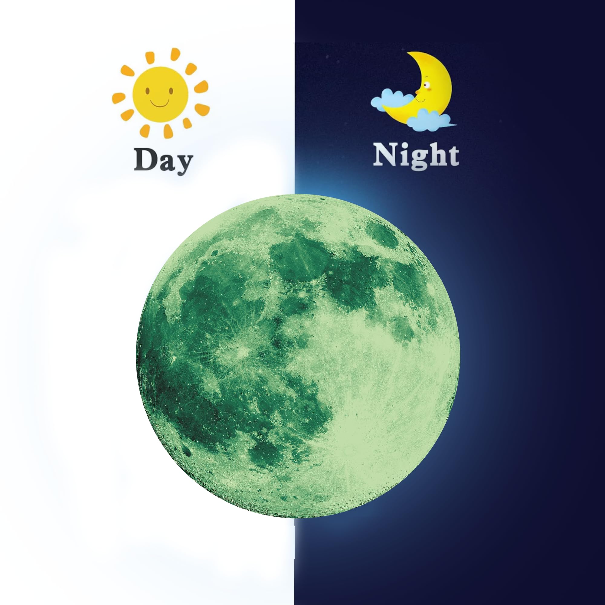 iinuu glow-in-the-dark moon wall decal green wall art detail highlights flexible placement on walls and furniture.