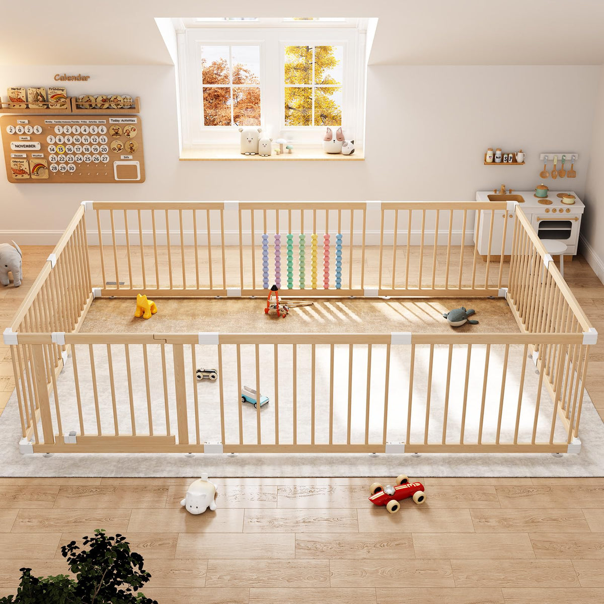 IKALIFE extra large wooden playpen front view shows a spacious, safe play area for curious babies.