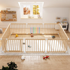 IKALIFE extra large wooden playpen front view shows a spacious, safe play area for curious babies.