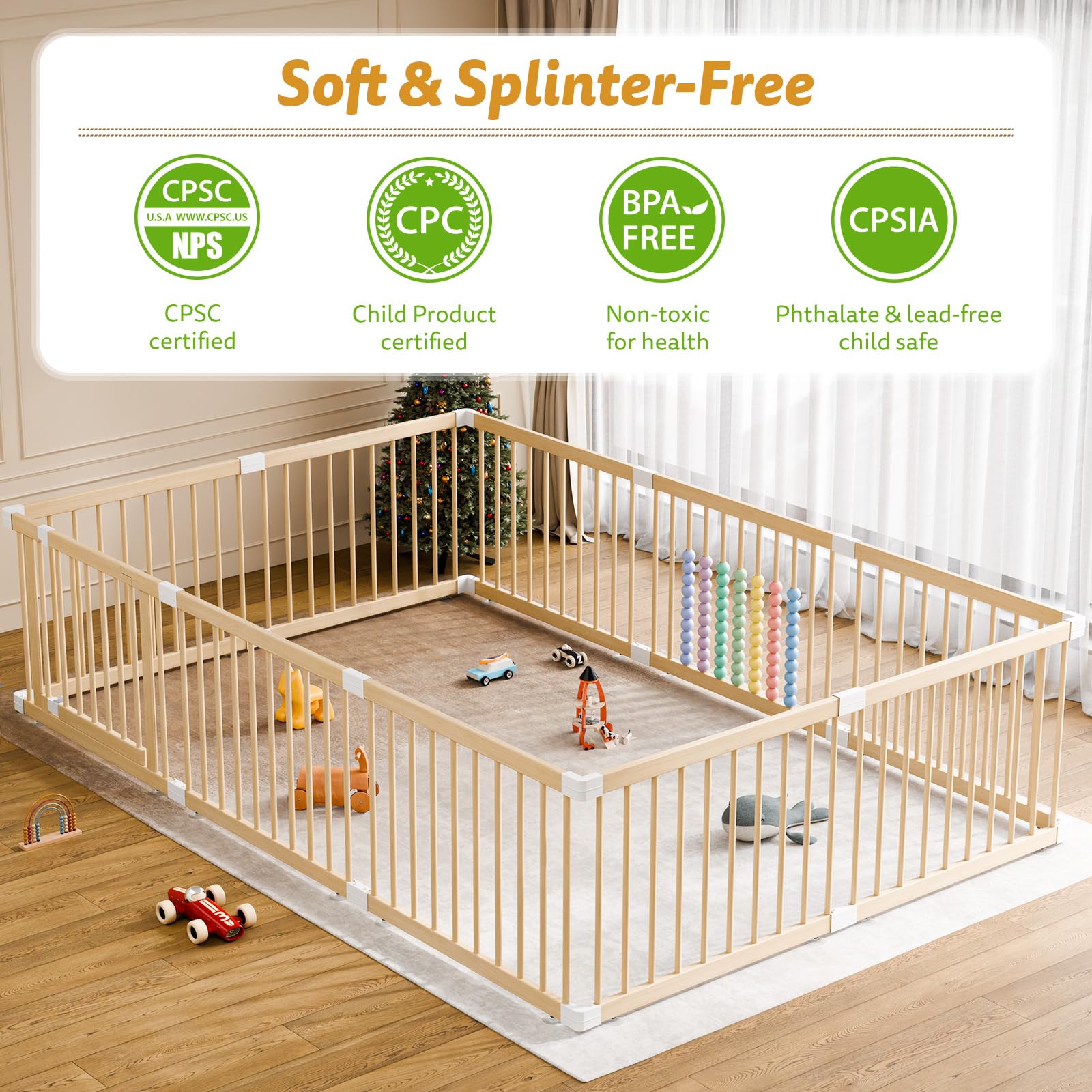IKALIFE extra large wooden playpen size 94-5x63-5 demonstrates expansive room for active toddlers.