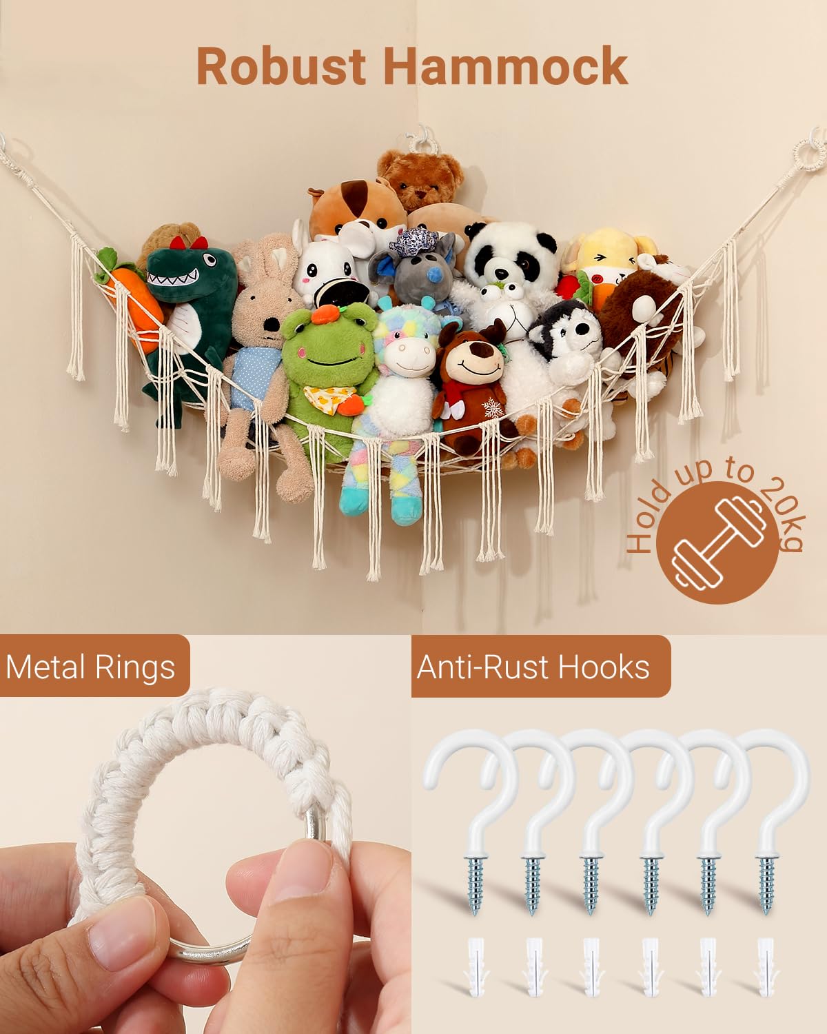 iKeelo macrame-fringes-designer-storage adds boho charm while corraling stuffed toys