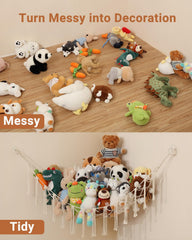 iKeelo macrame-toy-storage-net-corner neatly frees floor space for kids' plushies