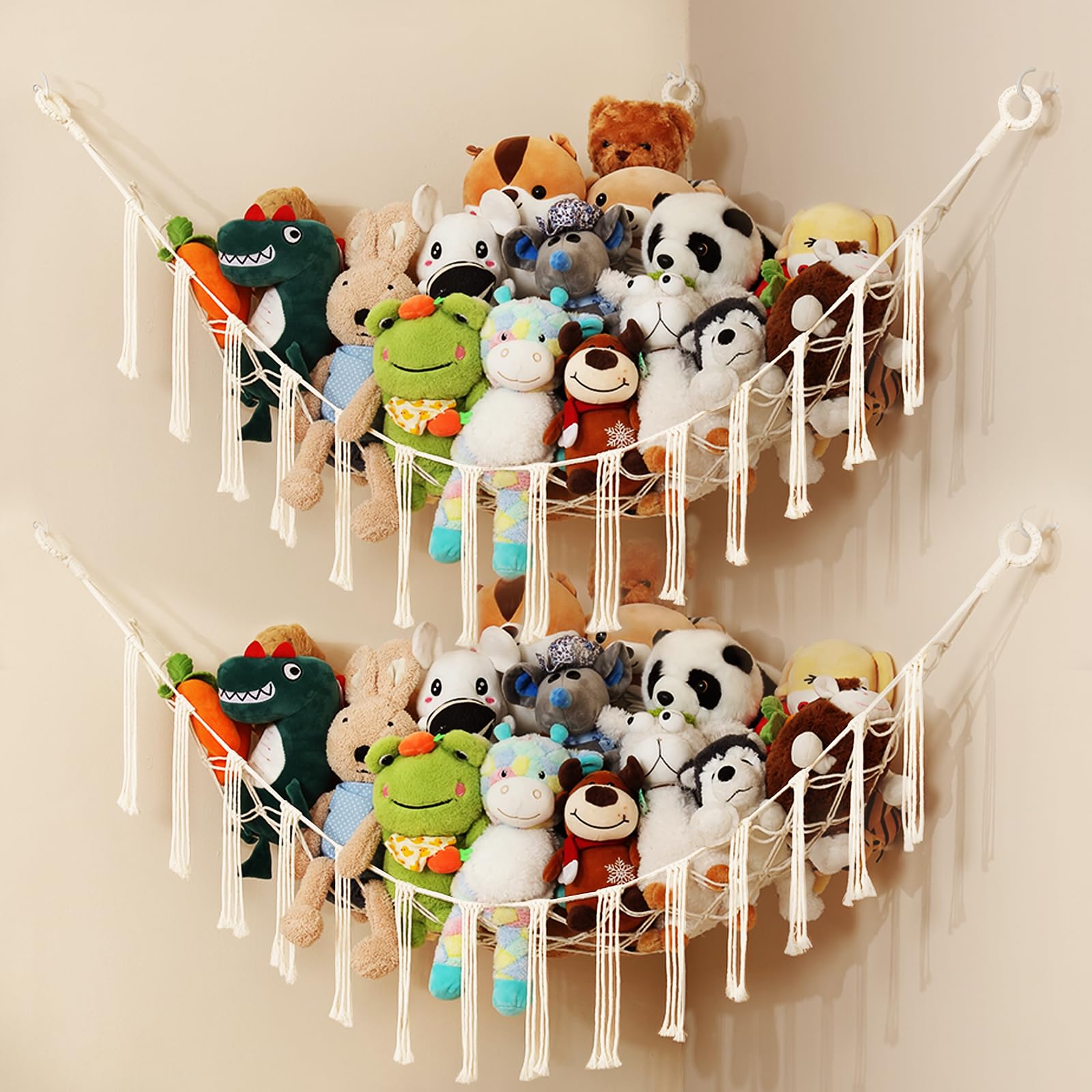 iKeelo stuffed-animal-hammock-two-pack-setup keeps plush toys organized in a corner