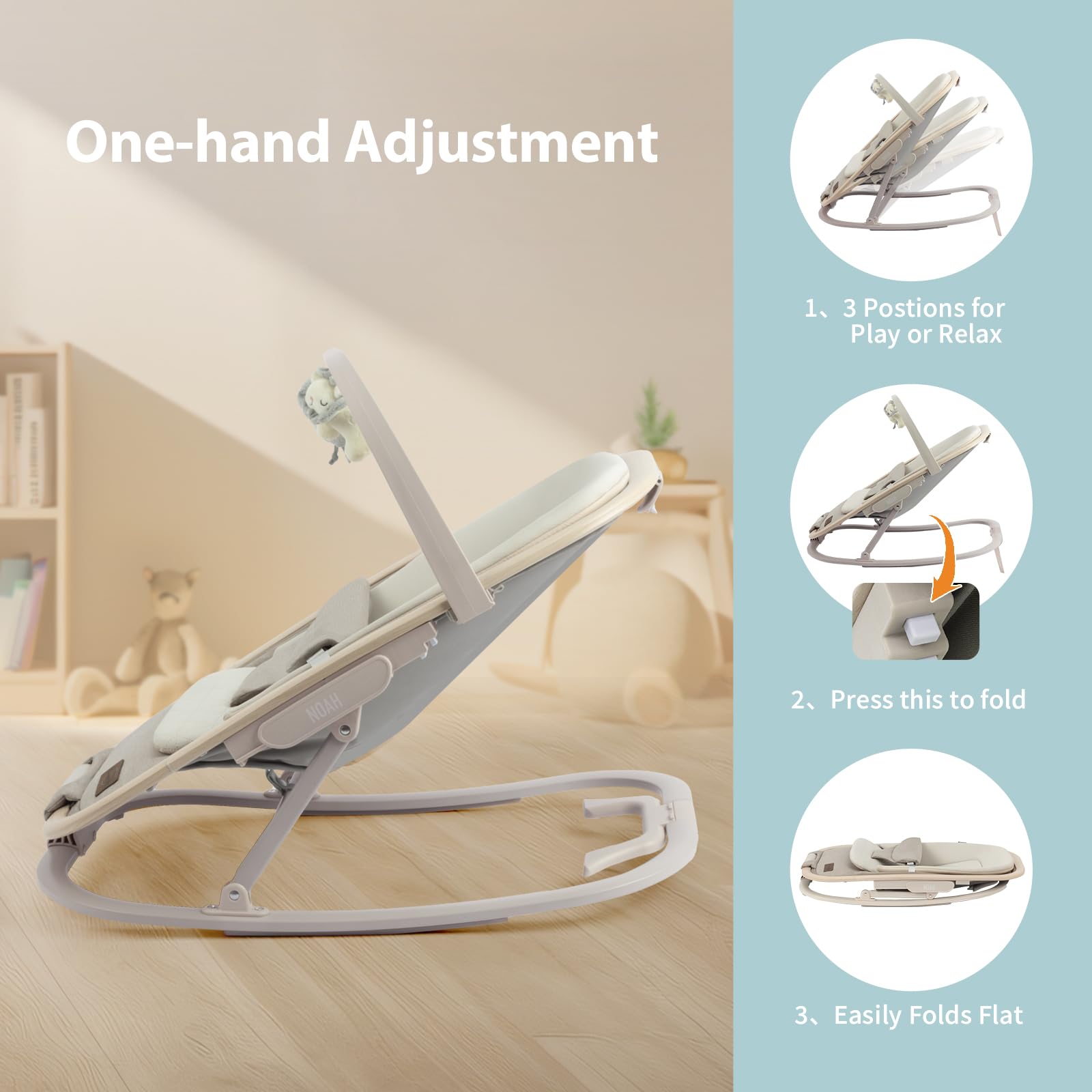 IKOMZY Noah bouncer uses a secure 3-point harness for safety.