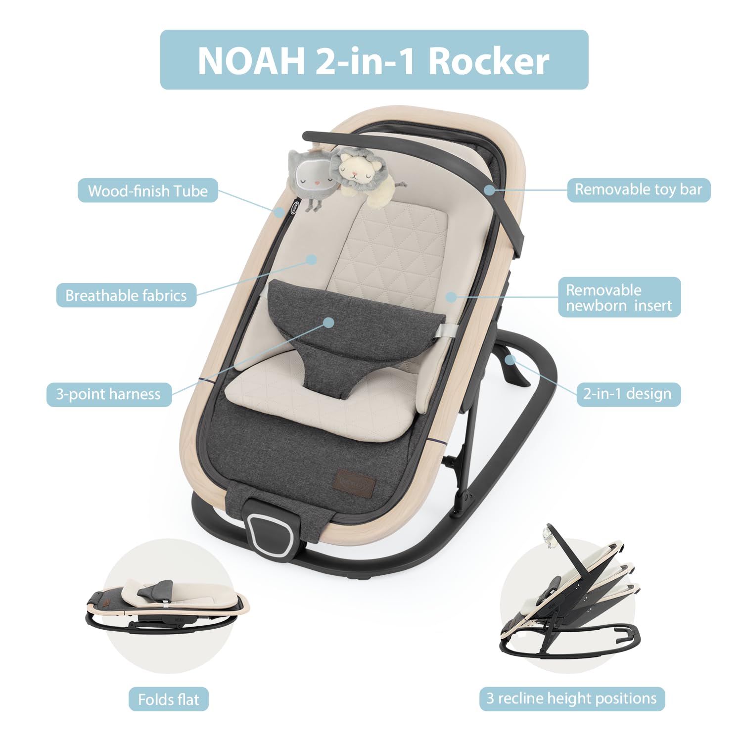 IKOMZY Noah bouncer seat close-up showing cushioned fabric and comfort features