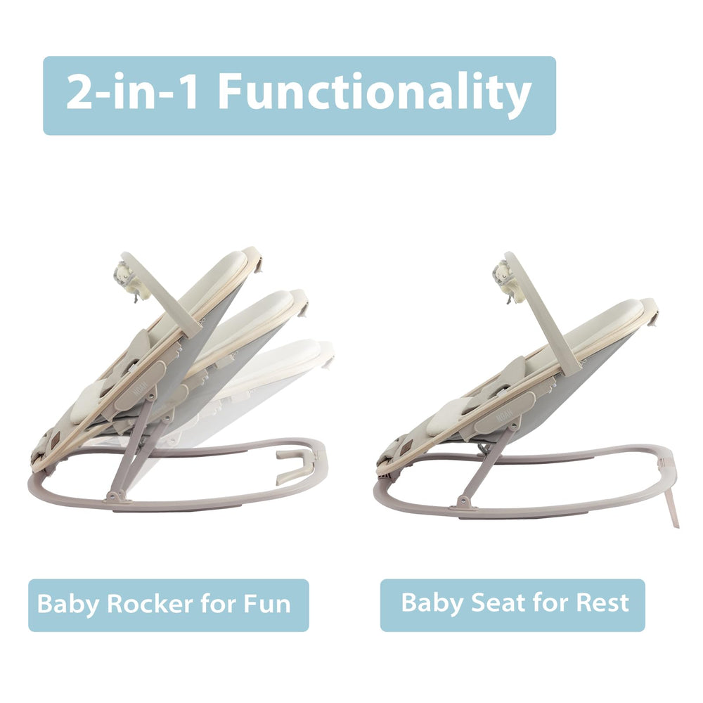 IKOMZY Noah bouncer features one-hand recline for easy positioning.
