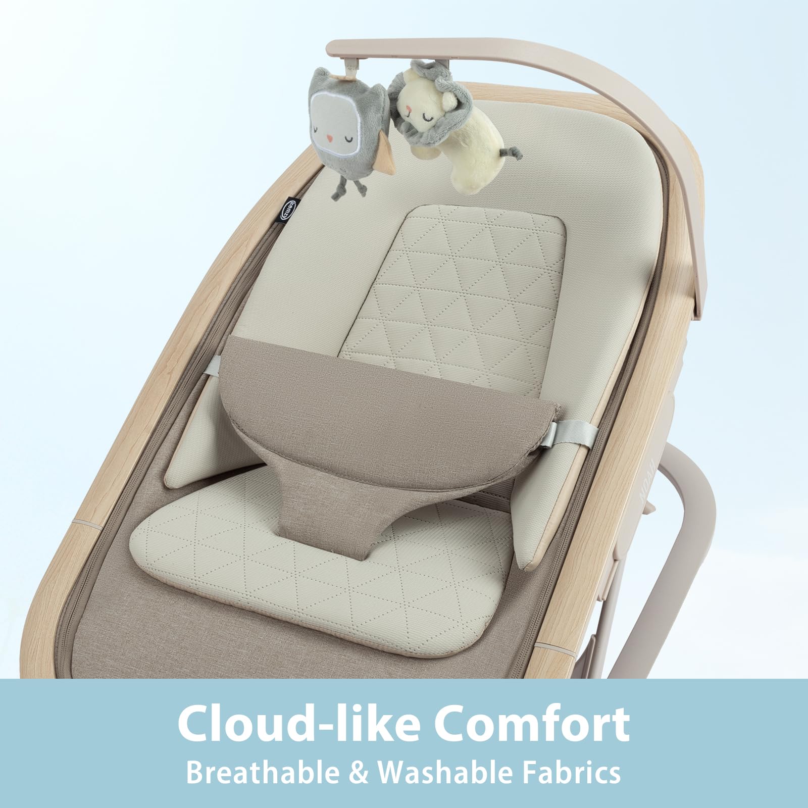 IKOMZY Noah bouncer has removable washable fabrics for easy cleaning.