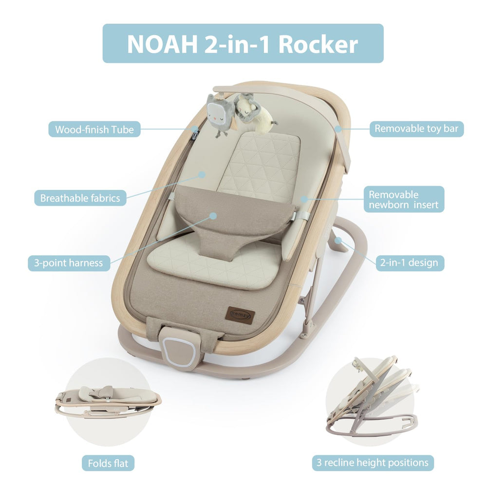 IKOMZY Noah bouncer chair in rocker mode for gentle calming sessions.